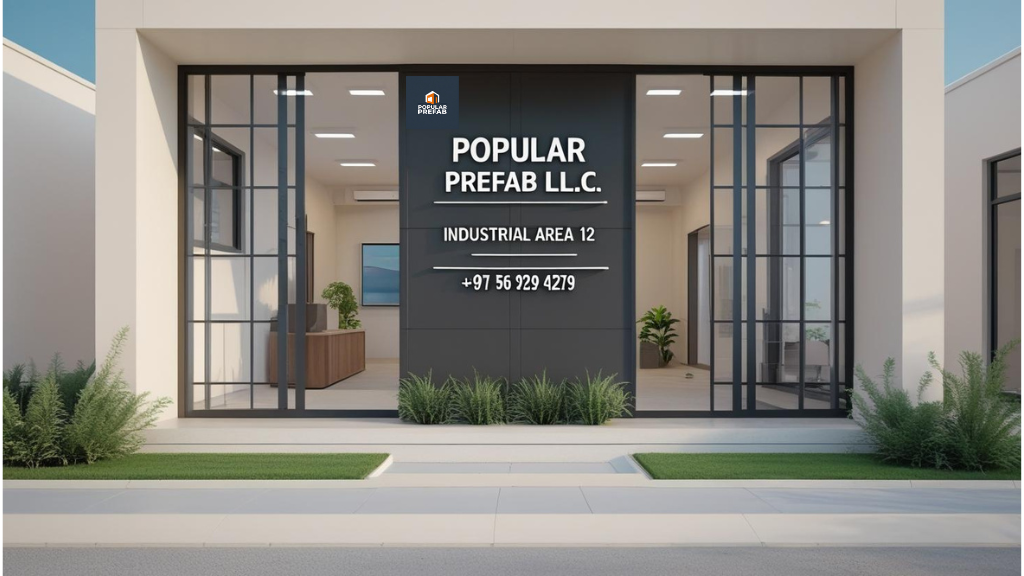  Popular Prefab L.L.C. office with modern glass facade, company name and contact details displayed prominently on the central black panel."