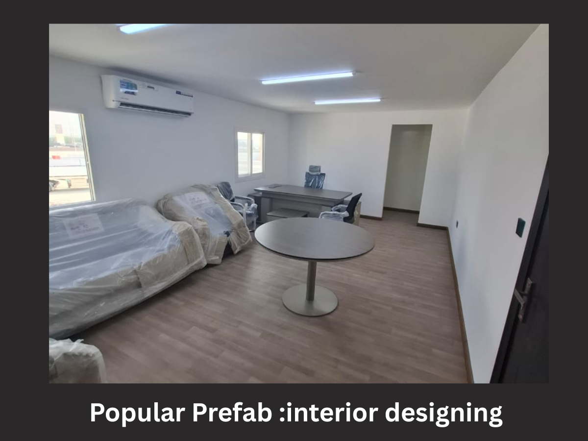 Interior view of a modern prefab office cabin designed by Popular Prefab, showcasing sleek furniture and efficient layout